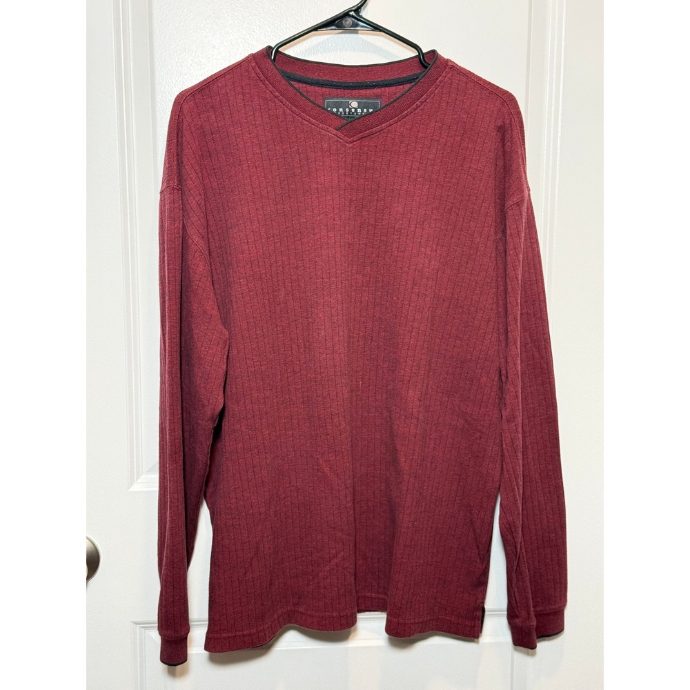 Consensus Sportswear Mens Burgundy Ribbed V Neck Long Sleeve‎ Shirt Size L
